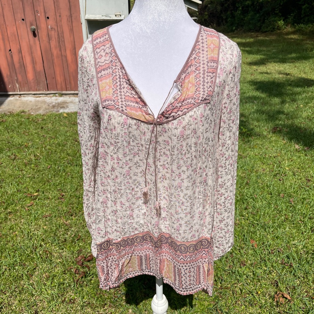 Free People Dream Lover boho pheasant long sleeve tunic top Size XS.